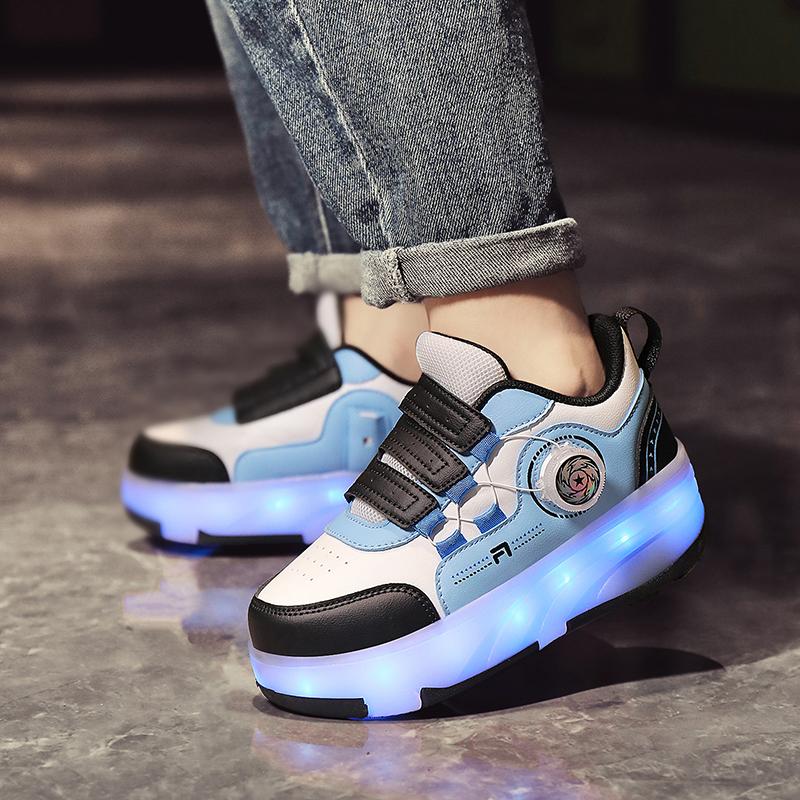 Kid's Roller Skates Removable Flat Charging LED Four Wheels Glowing Sports Shoes Pink Women's Glowing Sneakers