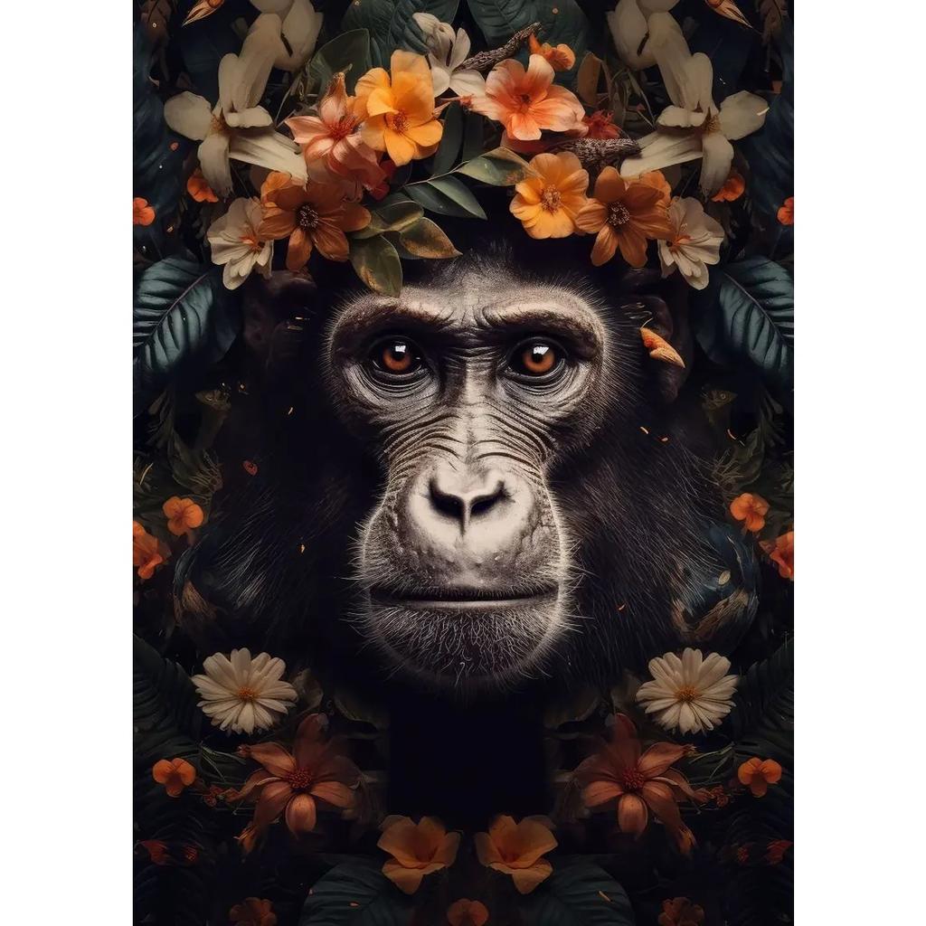 Lion Flamingo Panda Monkey In Flower Jungle Art Posters Wild Animal Art Canvas Painting Print Wall Art Picture Home Decor Mural