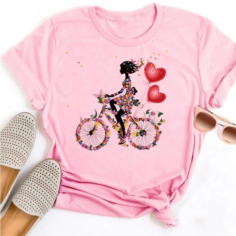 Woman Funny Bicycle Floral Print T Shirt Harajuku Women Tshirts Casual O-Neck Short Sleeves Tops Tees Shirt,Drop Shipping