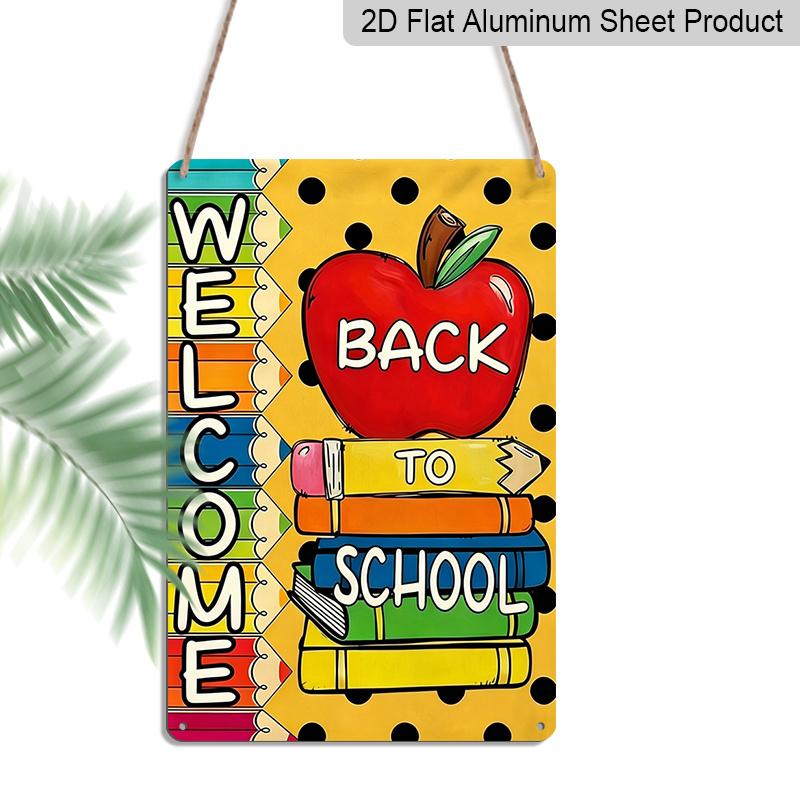 

2D Flat, 1pc Welcome Back To School Metal Wall Art Sign with Apple & Colorful Pencils - 8*12 Inch Aluminium Classroom Decor, Polka Dot & Rainbow 20*30cm