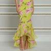 Women Halter Neck Sleeveless Floral Print High Low Ruffle Hem Maxi Dress Elegant Party Dress