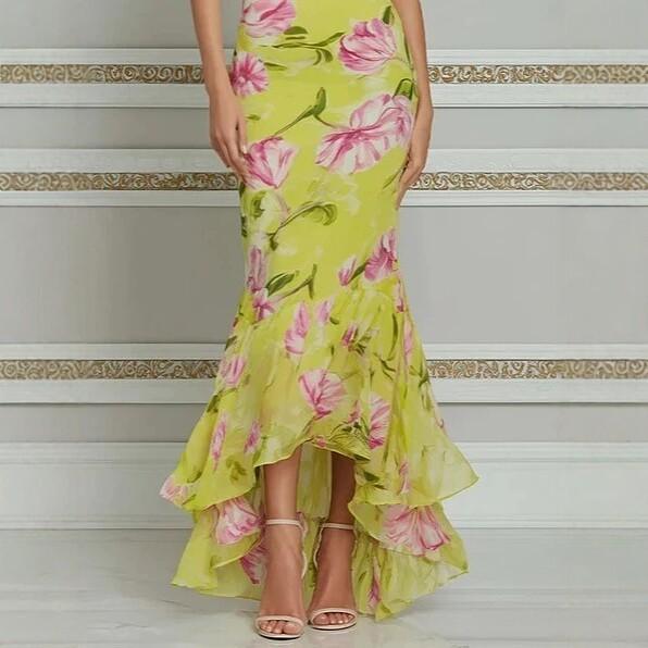 Women Halter Neck Sleeveless Floral Print High Low Ruffle Hem Maxi Dress Elegant Party Dress