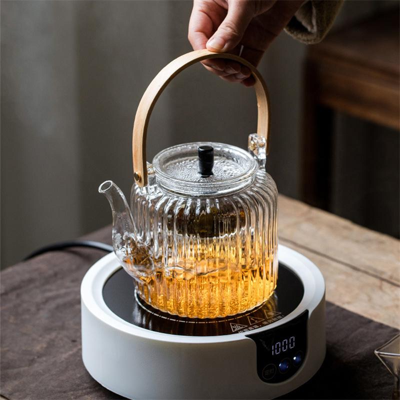 Tetera de Vidrio para Hervir y Cocer al Vapor con Patrón de Rayas Verticales Japonesas Tetera para Té de Flor de Puer Tetera de Té Kungfu Olla con Asa de Bambú Plana