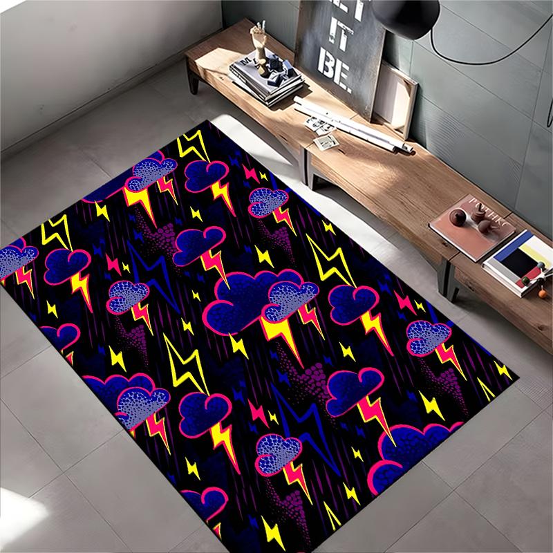 Colorful Lightning and Cloud Pattern Carpet, Dark Psychedelic Style Decor Suitable for use as an anti-slip for living room bedroom sofas