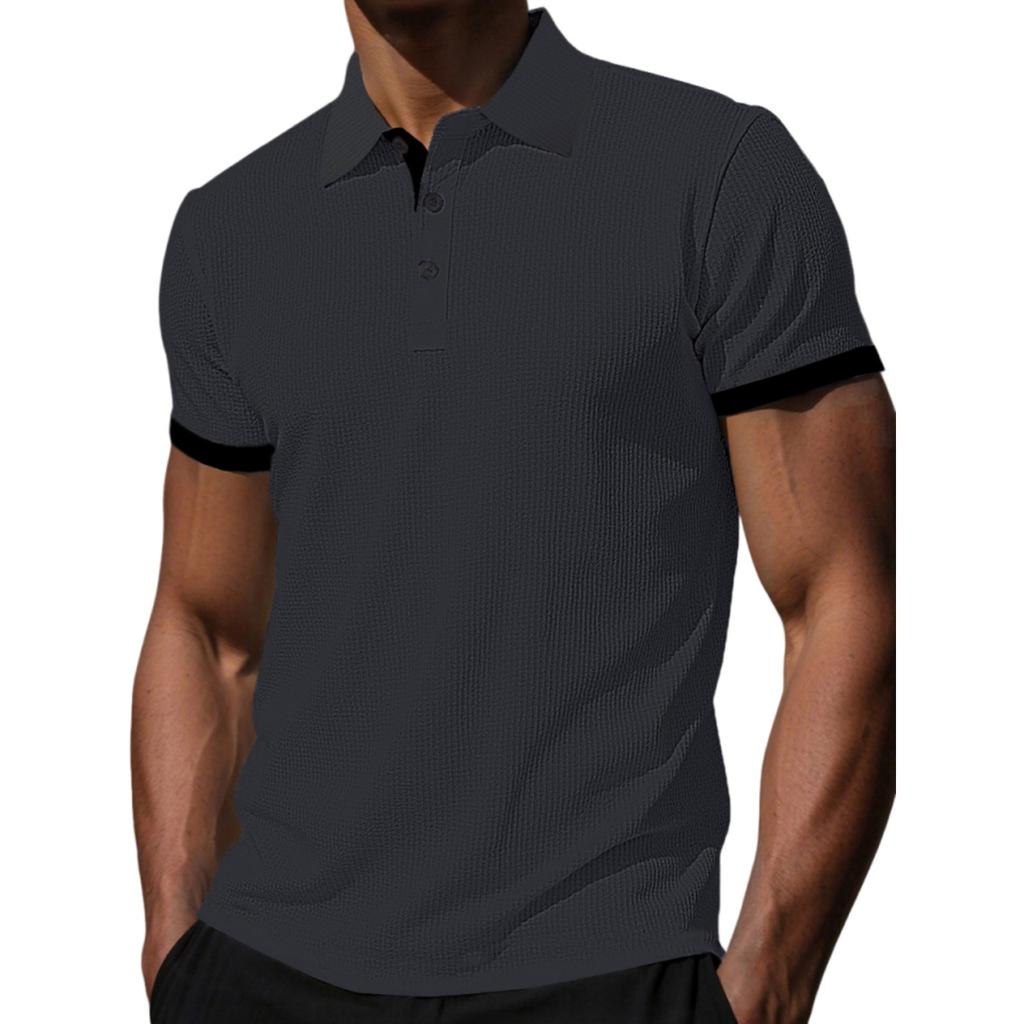 Men's Color Block Shirt Collar Short Sleeve T-shirts, Summer Casual Tops