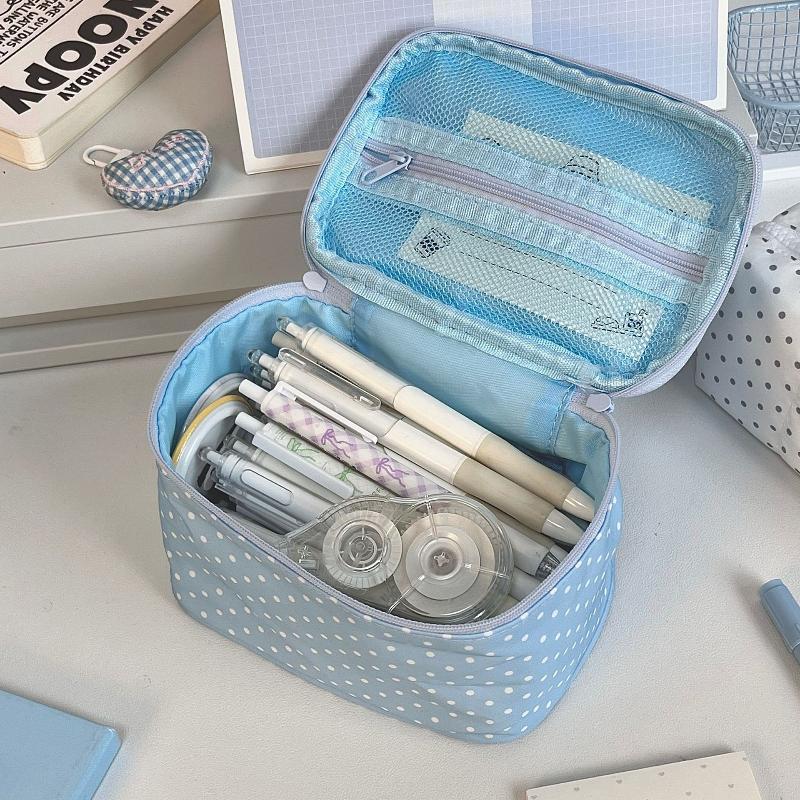 Dot Patterns Storage Bag Portable Large Capacity Pencil Case Double Zipper Cosmetic Bag