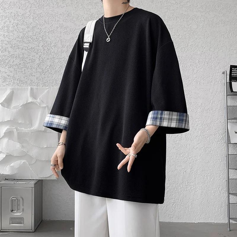 Men T Shirts Summer Men's Women Oversized Korean Style Loose Plaid Casual Seven Sleeves White