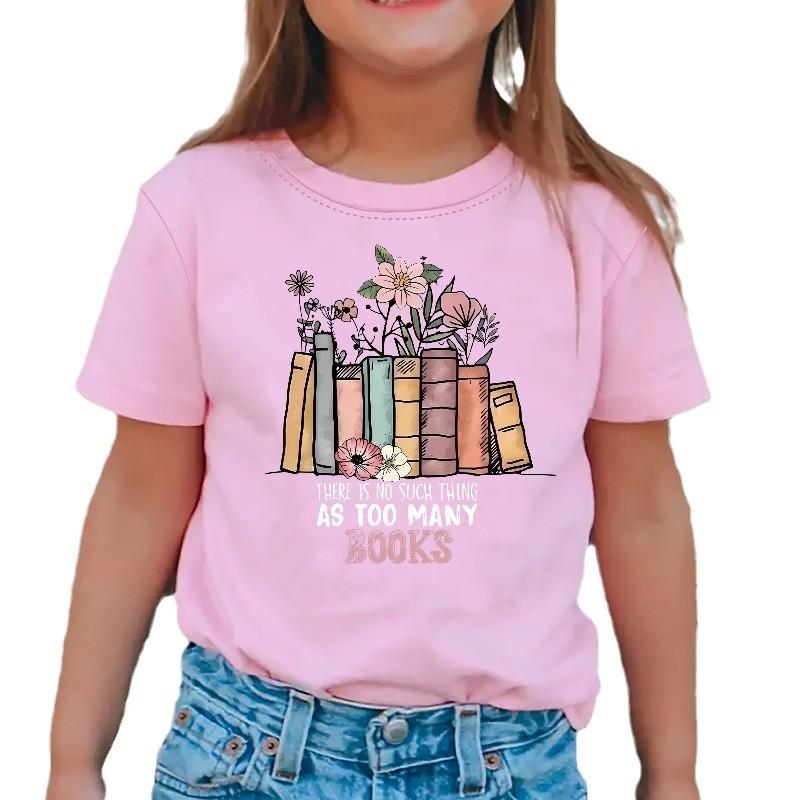 Girls' Casual Book-themed Long Plant-printed Pattern T-shirt for Summer, Fashionable Short-sleeved Children's T-shirt