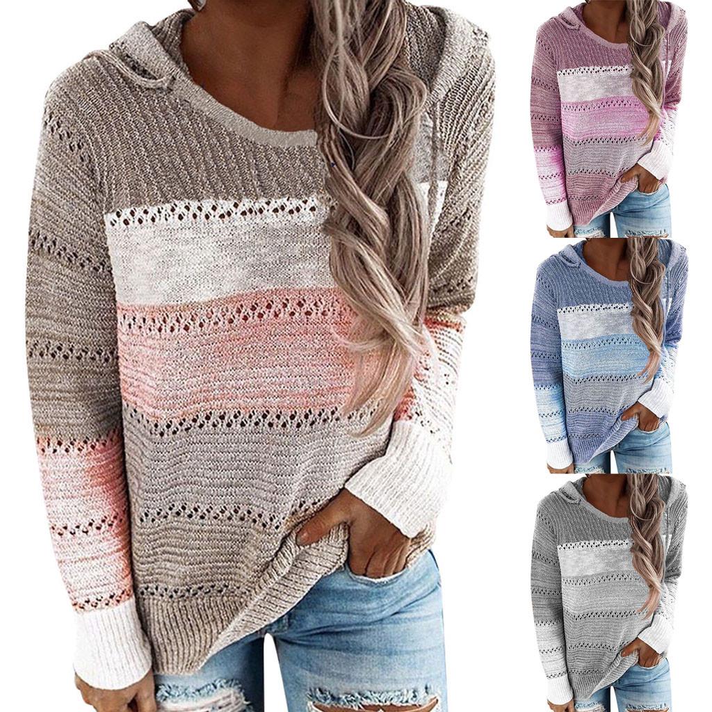 Damski sweter z kapturem, lekki, dzianinowy, z długim rękawem, w paski, bluza z kapturem