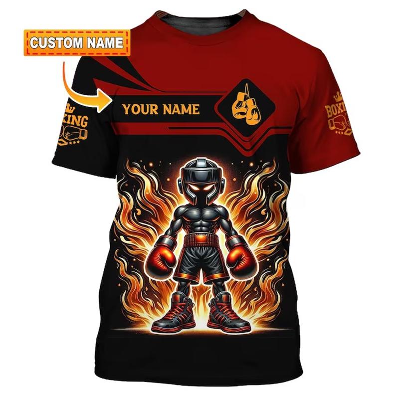 Boxing Gloves Print T-shirt Men's Clothing DIY Personality Name O Neck T Shirts Harajuku Flame Cool Streetwear 2025 Novelty Top