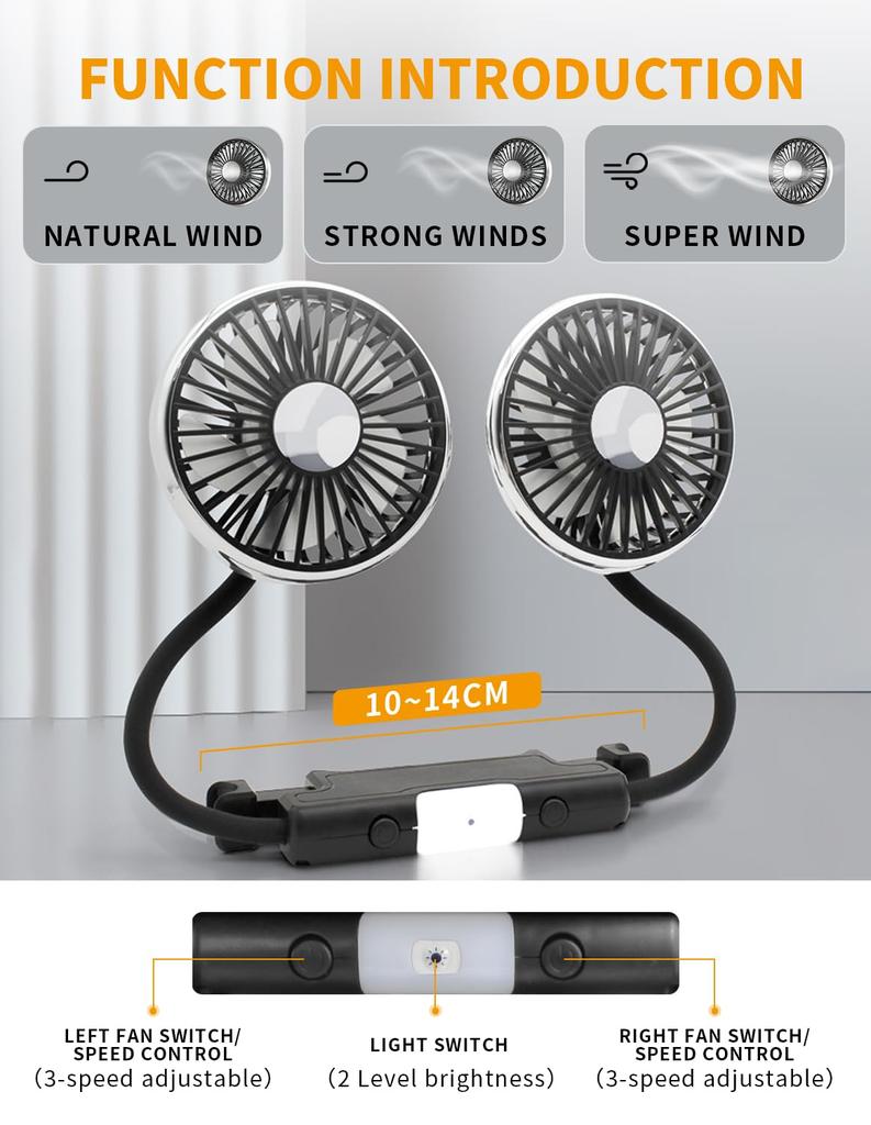 Dual Car Backseat Cooling Fans with 2 Independent Heads and Lights 3 Speeds 360° Rotatable Quiet Vehicle Fans