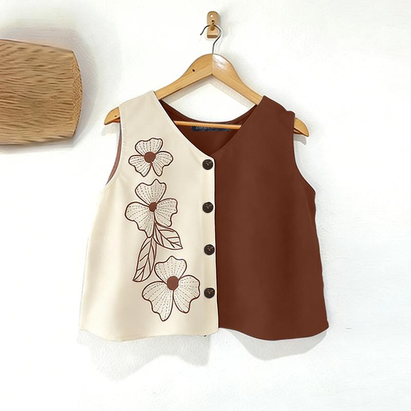 ZANZEA Women Casual V-Neck Sleeveless Print Tank Tops