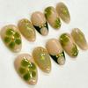 30-Piece European & American Gold-Plated Green Gradient Short Almond Embossed Clover Press-On Nails