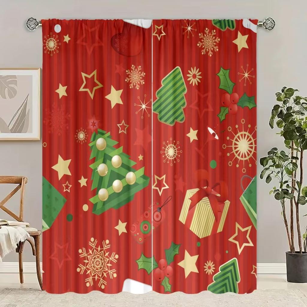 2 pieces of Cartoon Christmas tree star gift printing curtain - polyester material - suitable for bedroom living room study room