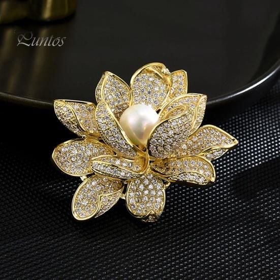 Elegant Flower Shape Brooch Shining Rhinestones Inlaid Faux Pearl Pin Suit Lapel Shawl Badge Coat Accessories