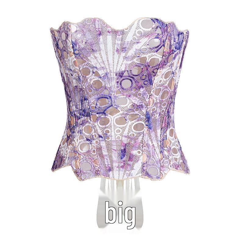 European & American Lace Corset: Hollow-Out Fishbone Bustier Top with French Print