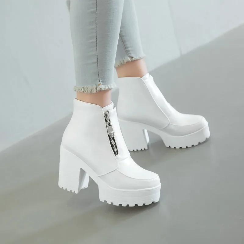 Black White Platform Ankle Boots For Women High Heels Boots Ladies Zip Autumn Winter Booties Woman Boots Shoes Ladies Shoes