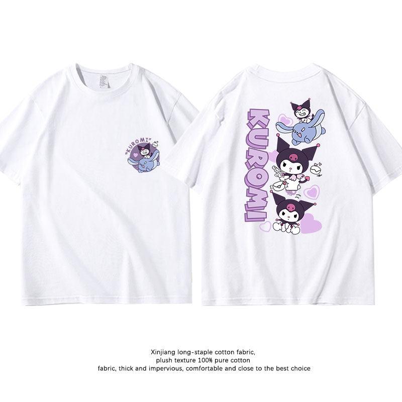 Summer New Sanrio Kuromi Pure Cotton Childrens Tshirt White Doublesided Printed Fashionable Round Neck Parentchild Tshirt