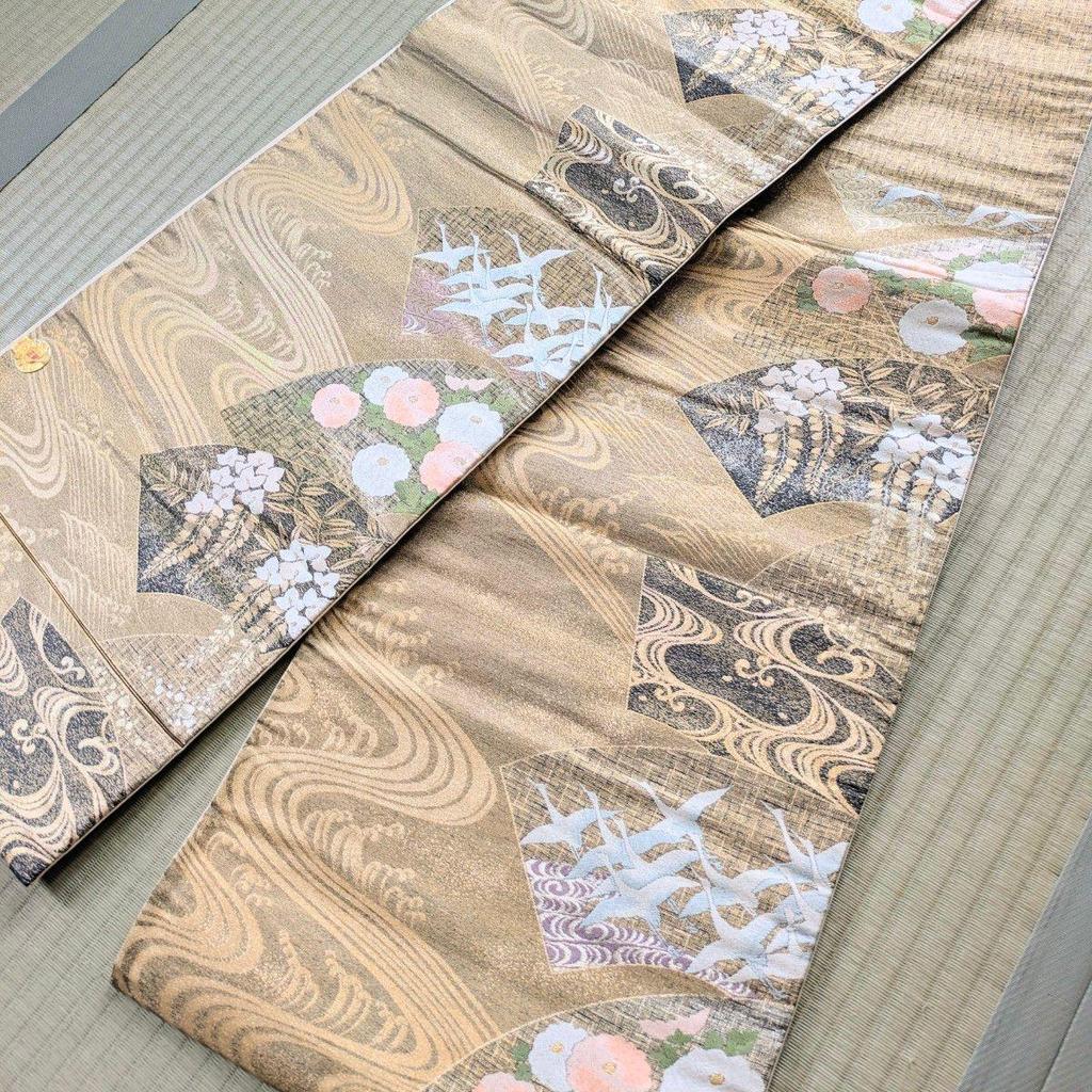 Used Nishijin-ori Six-panel Fukuro Obi with Certificate, Karori, Chiri-nagashi Kasen-cho, Gold and Silver Threads, Pure Silk, Beautiful Condition,
