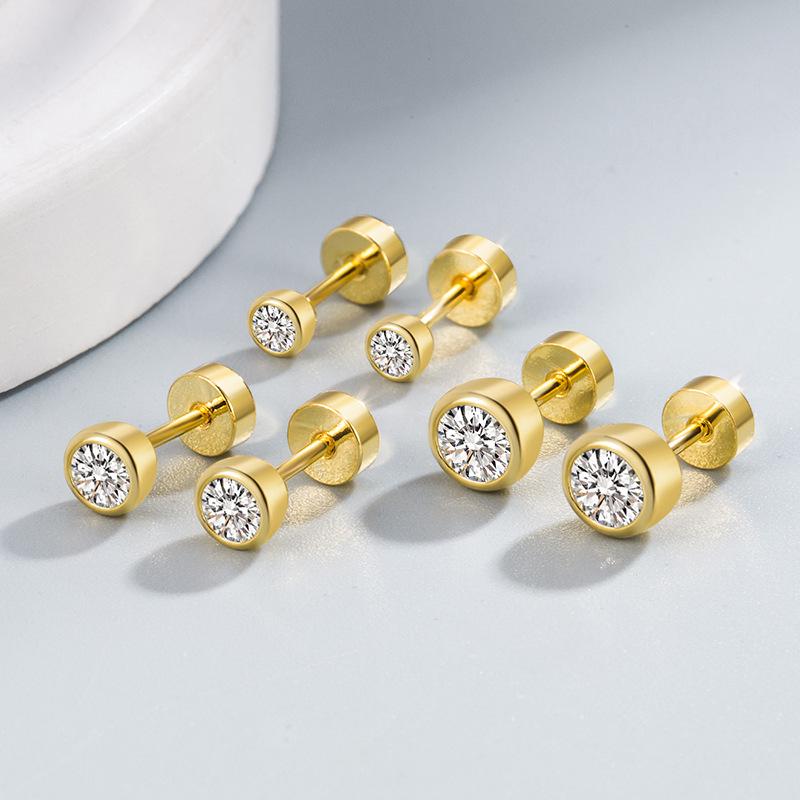 Gold 18K Zircon Screw Earrings - European & American Style Small Bone Studs