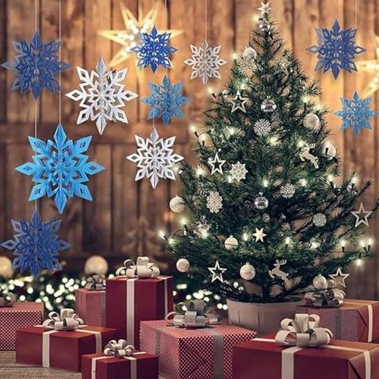 Christmas decoration set snowflake ornament 3D hanging 18-piece garland party goods wall cute interior snow crystal silverbluelight blue