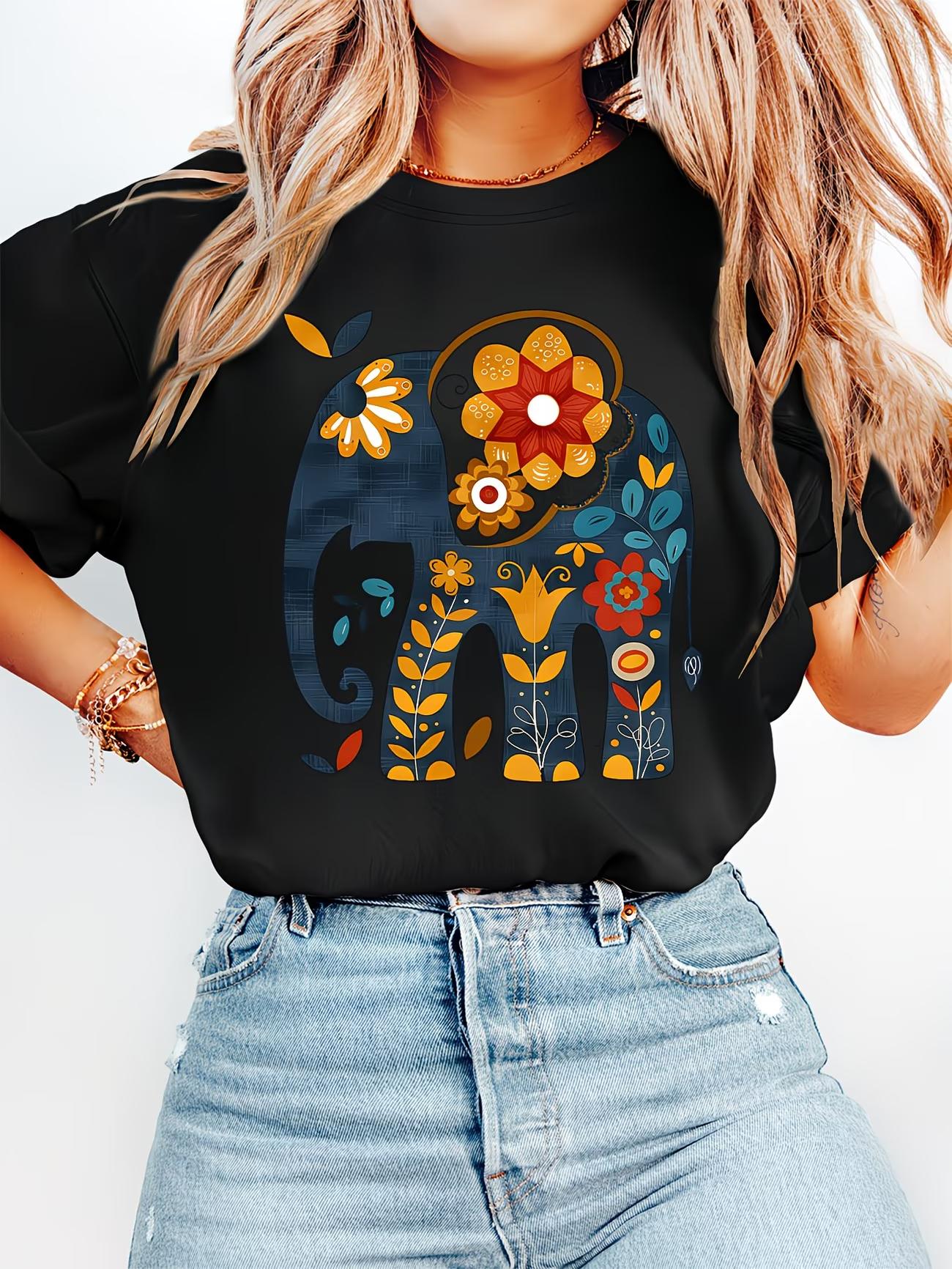 

Womens Bohemian Elephant Print TShirt Soft Round Neck Short Sleeve Top with Vibrant Elephant Floral Design S