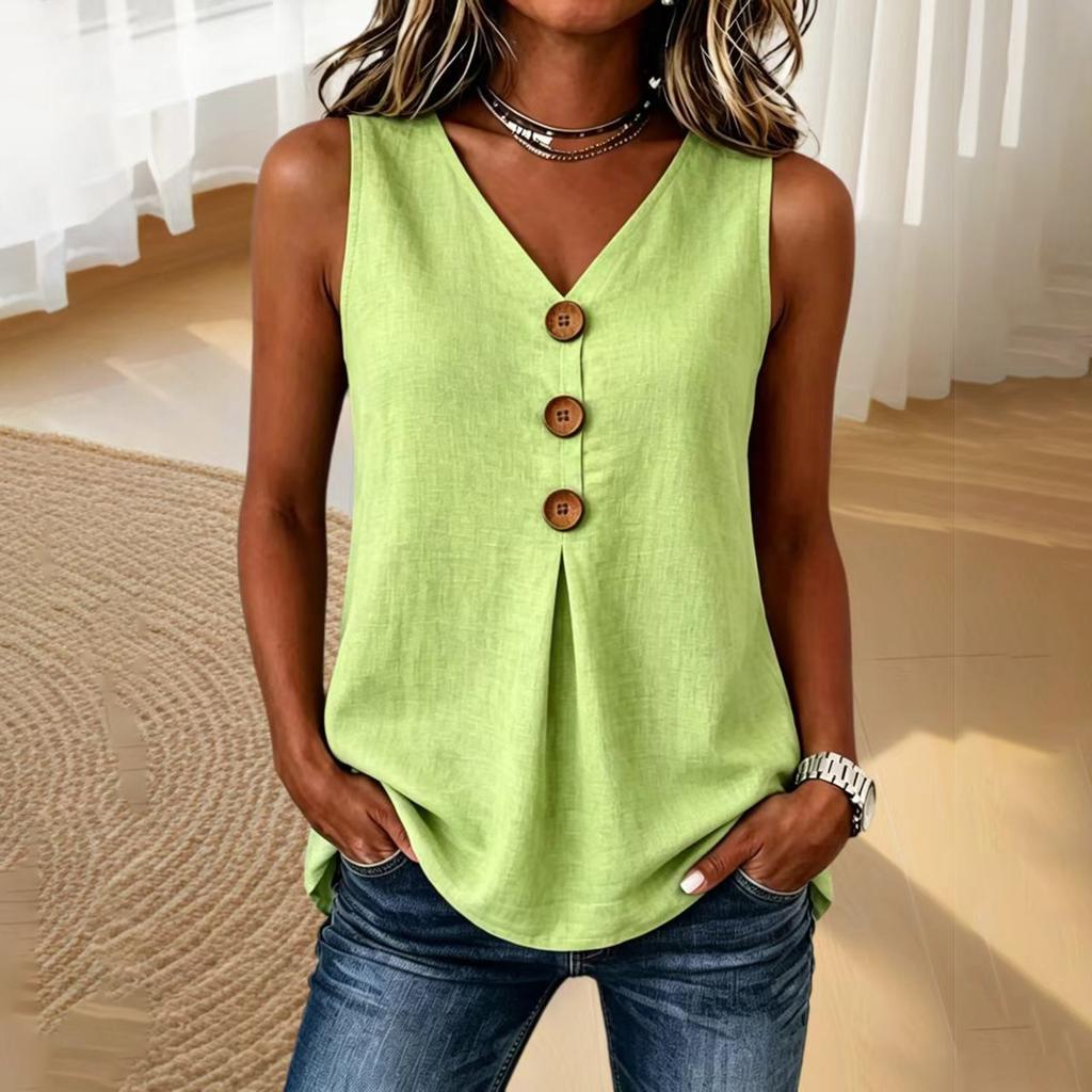 Women's Casual V Neck Sleeveless Button Front Top Linen Blend Relaxed Fit Summer Blouse Lightweight Breathable Fabric