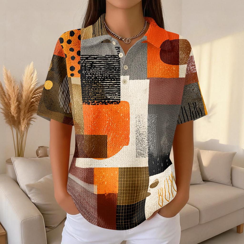 Women's Casual Short Sleeve Retro Floral Print Waffle Knit Polo Shirt Button Down Top with Classic Collar for Everyday Wear
