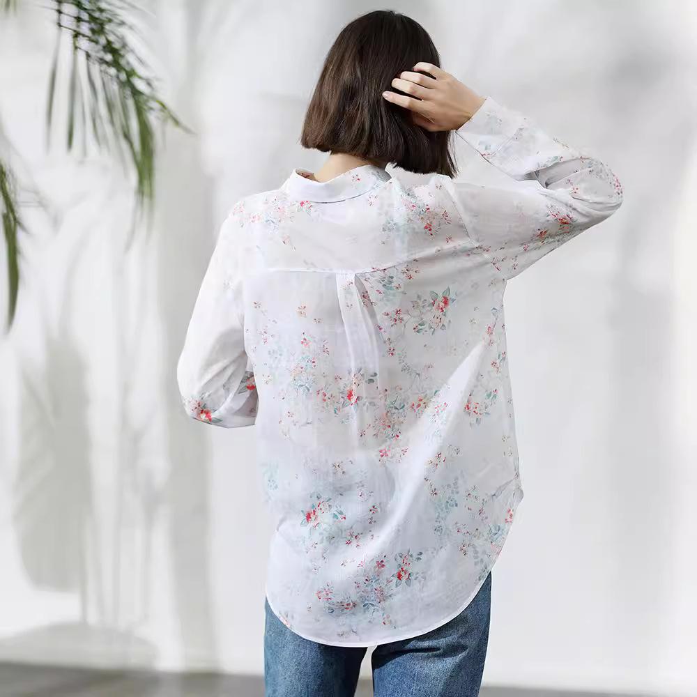2020 Spring/Summer Artistic Floral Ramie Long Sleeve Top for Women