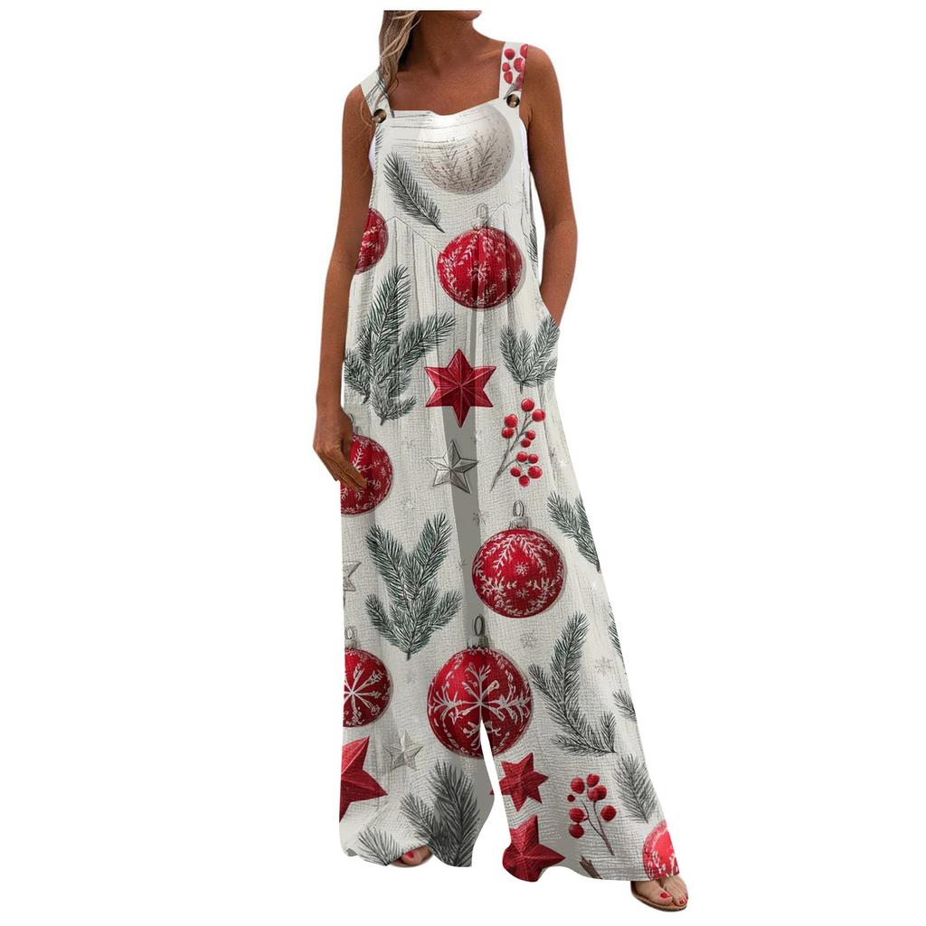 Women's Christmas Print Solid Wide Leg Strapless Tank Pocket Casual Onesie