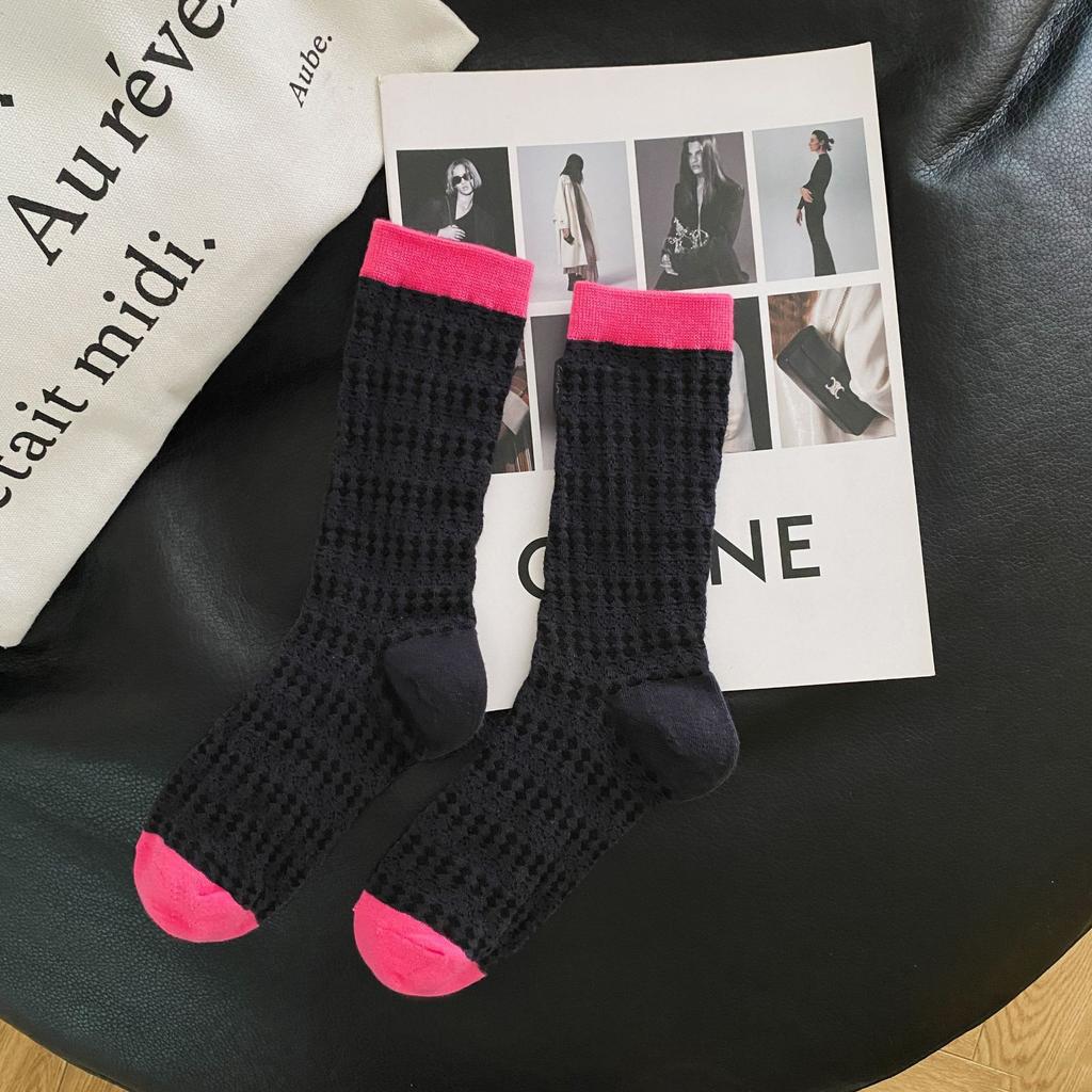 Xiaohongshu Same Summer Thin Mesh Breathable Cutout Socks Trendy Versatile Simple Contrasting Mid-Leg Socks