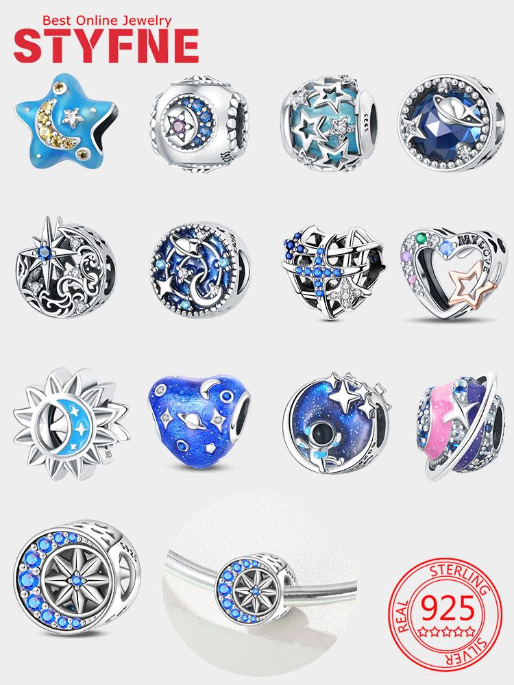 Copper Blue Zircon Heart Love Starry Sky Moon Stars Charms Beads Fit Diy Bracelet Women Jewelry Delicate Fine Gift