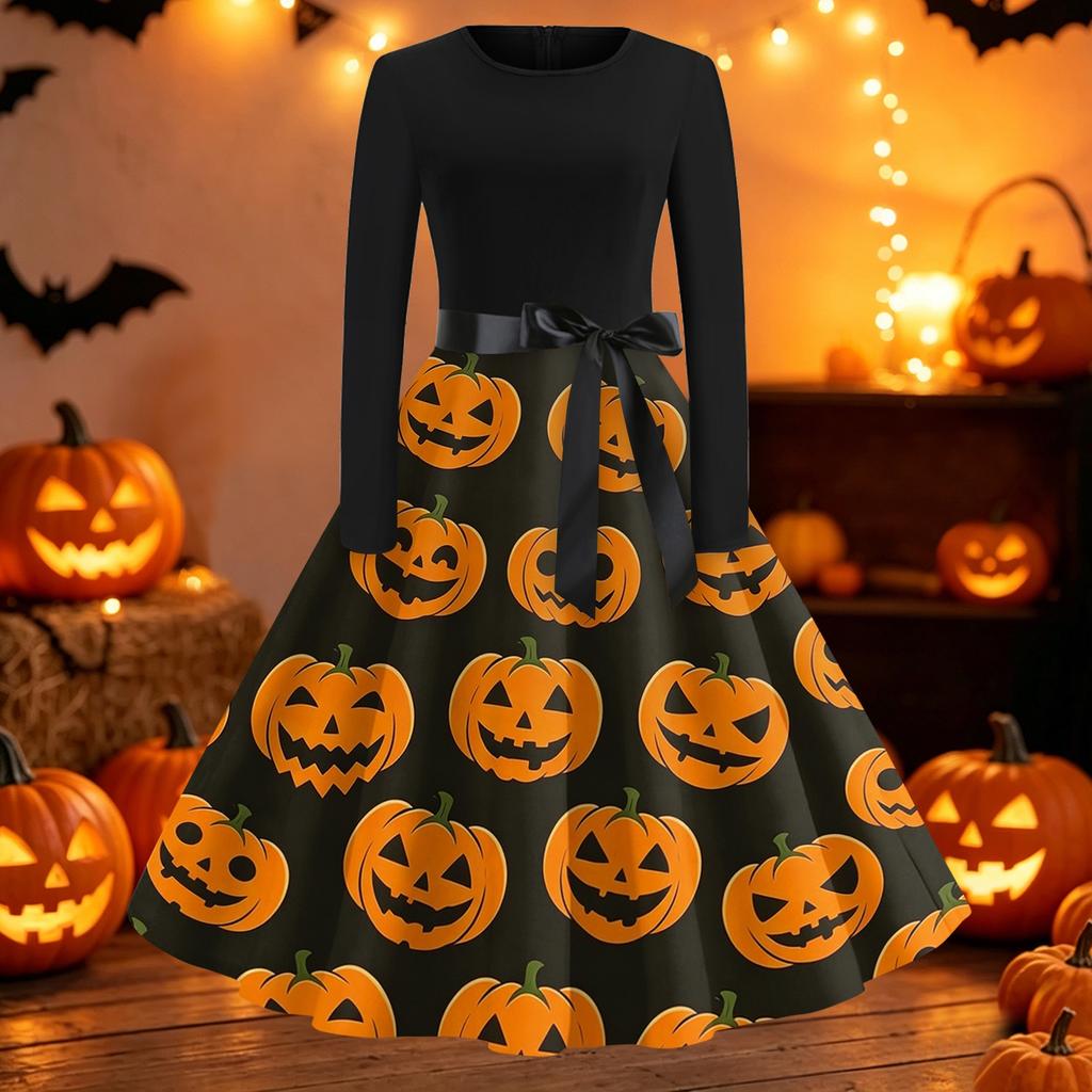 Womens Casual Fit and Flare Dress Long Sleeve Round Neck Halloween Print Dress with Flared Skirt and Waist Tie Belt