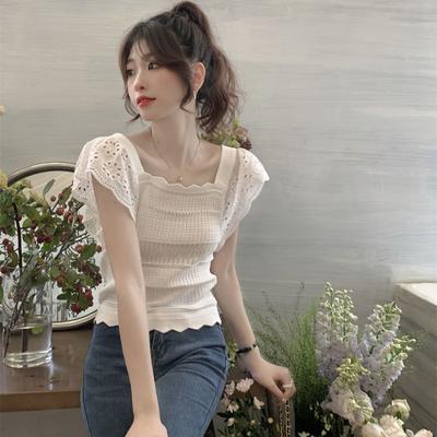 Vară Temperament Versatil Mânecă Scurtă Mânecă Mică Volan Tricou Tricotat Mătase Gheață Guler Francez Decolteu Pătrat Top Croială Slim Scurt