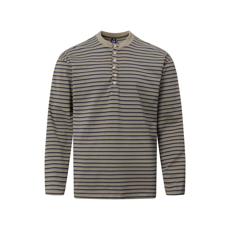 Kisko American Retro Classic Striped Henry Collar Long-Sleeve T-Shirt for Men and Women, Simple Casual Lazy Base Shirt Top