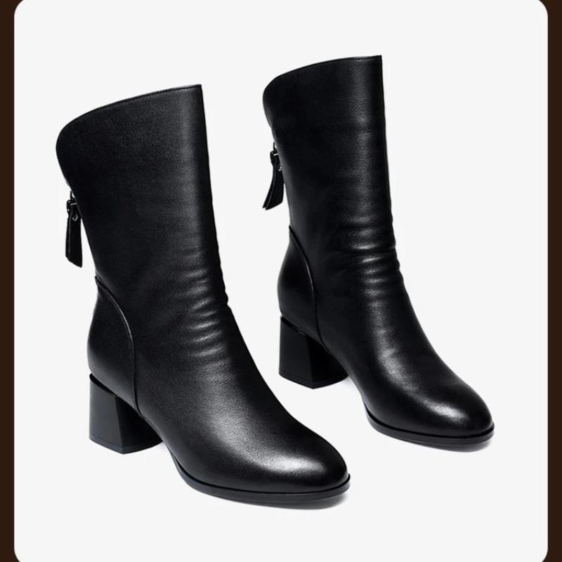 Modă Piele Moale Toamnă și Iarnă Cizme Medii Noi Femei Toc Gros Cizme Scurte Potrivite cu Orice Vârf Ascuțit Toc Mediu Cizme cu Toc Gros