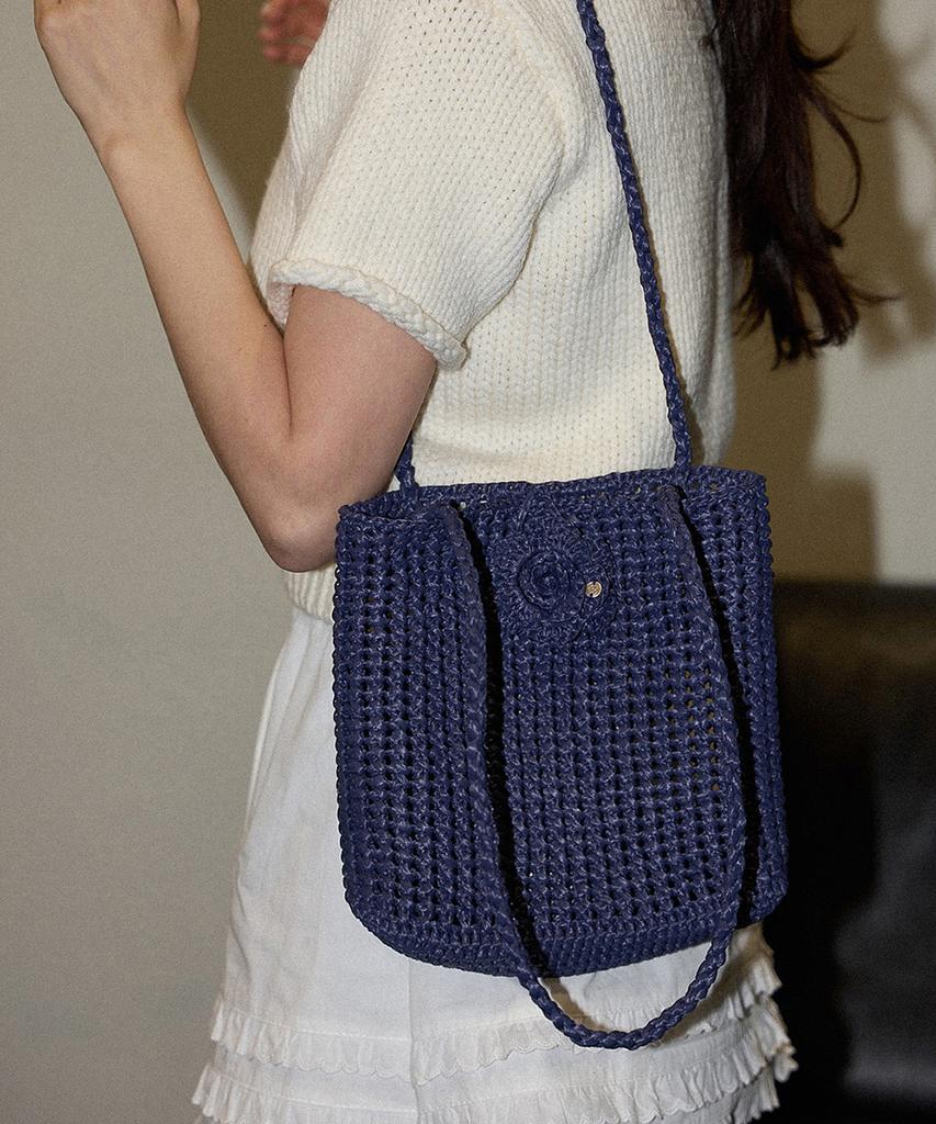 Slowslowly Camellia Handmade Crochet Raffia Shoulder Bag _ Navy