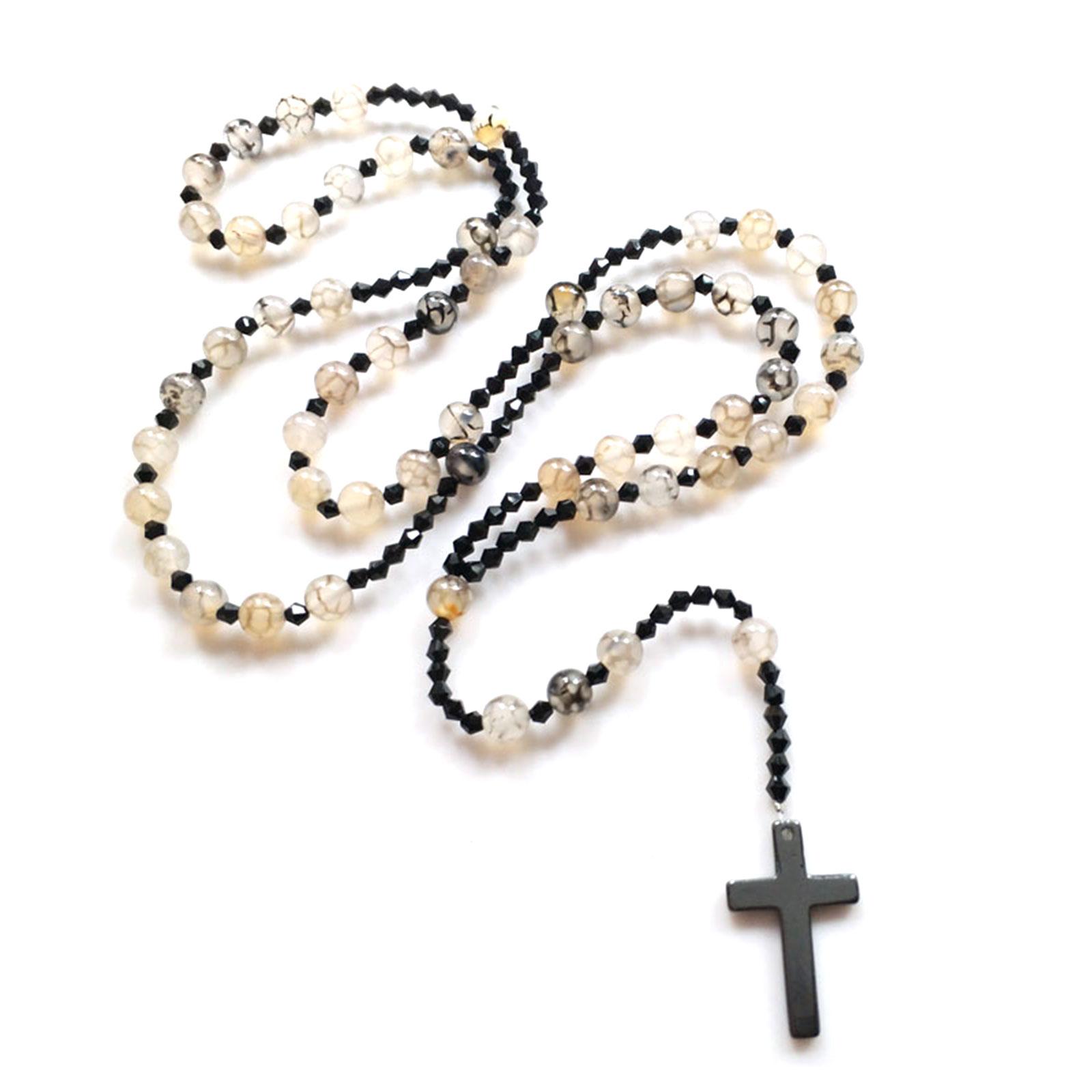Black Texture Bead Cross Rosary Necklace Bead Chain Pendant Ornaments for Home Church Yoga Room Decorations Gift 1