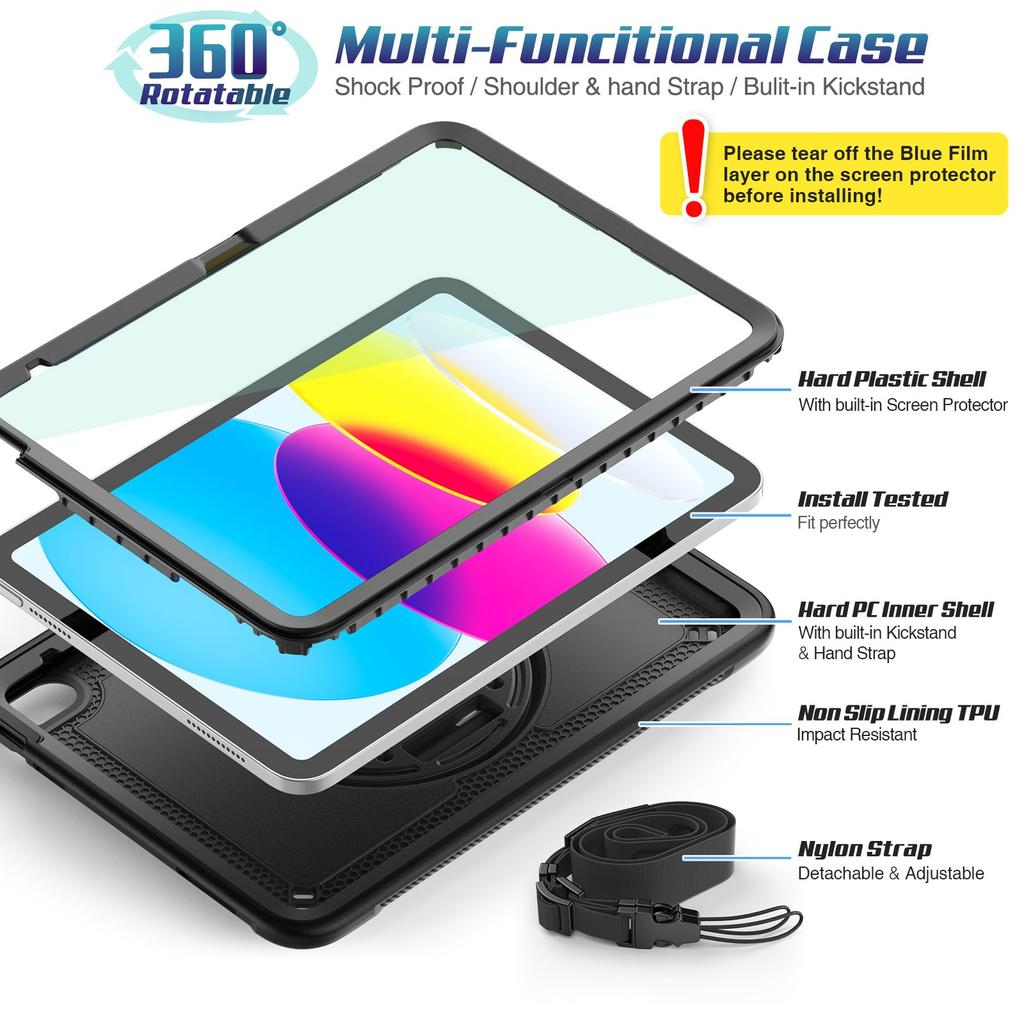 SEYMAC stock iPad A16 11th Generation 10th Generation Dedicated Hand Rotating Pen Shoulder Front Frame with Screen Full Protection Cover 11-inch /