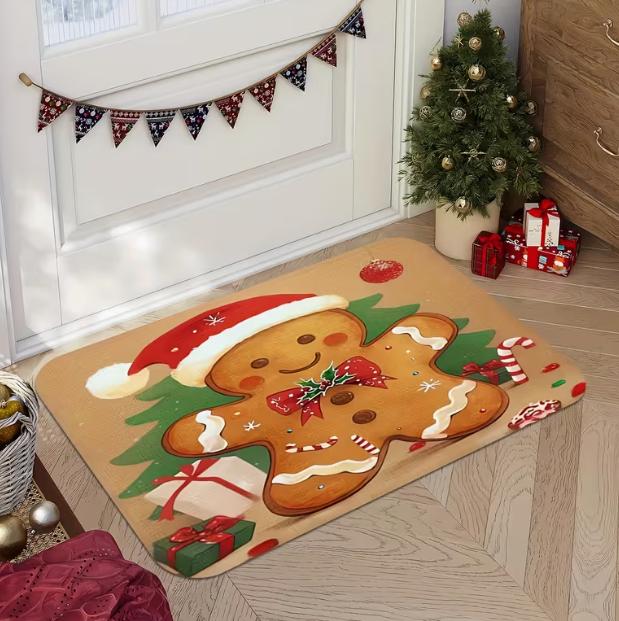 Christmas Gingerbread Man Design Doormat Premium Flannel Suitable for Decorating Bathrooms Living Rooms Bedrooms Kitchens Mat