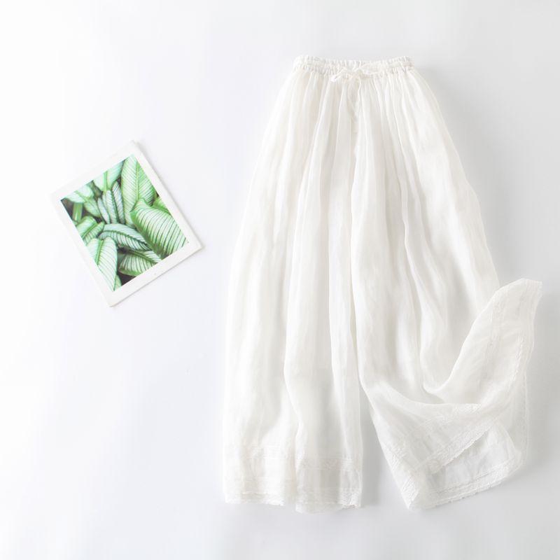 2025 Summer New Casual Culottes Women's Literary and Retro Loose and Thin Cotton and Linen Elastic Waist Straight Wide-leg Pants