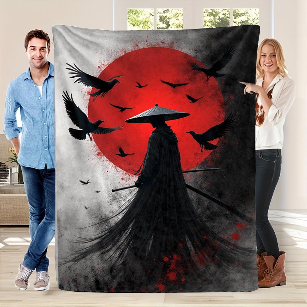 Warrior ink painting art pattern Flannel printed blanket suitable for all seasons suitable for living room office sofa travel