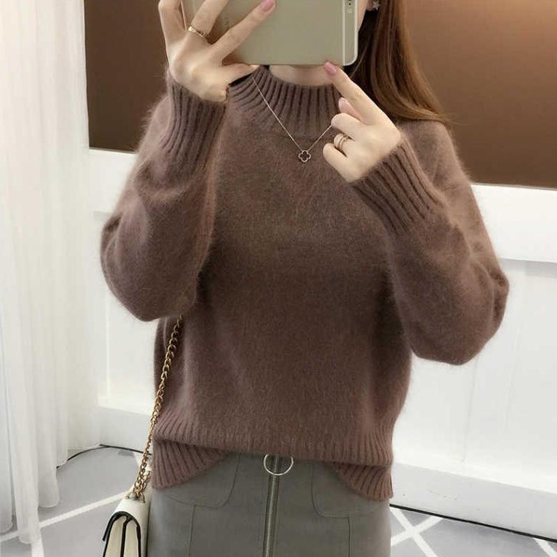 Podzimní a zimní dámský svetr s polopřiléhavým rolákem, pletený pulovr, svetr, košile