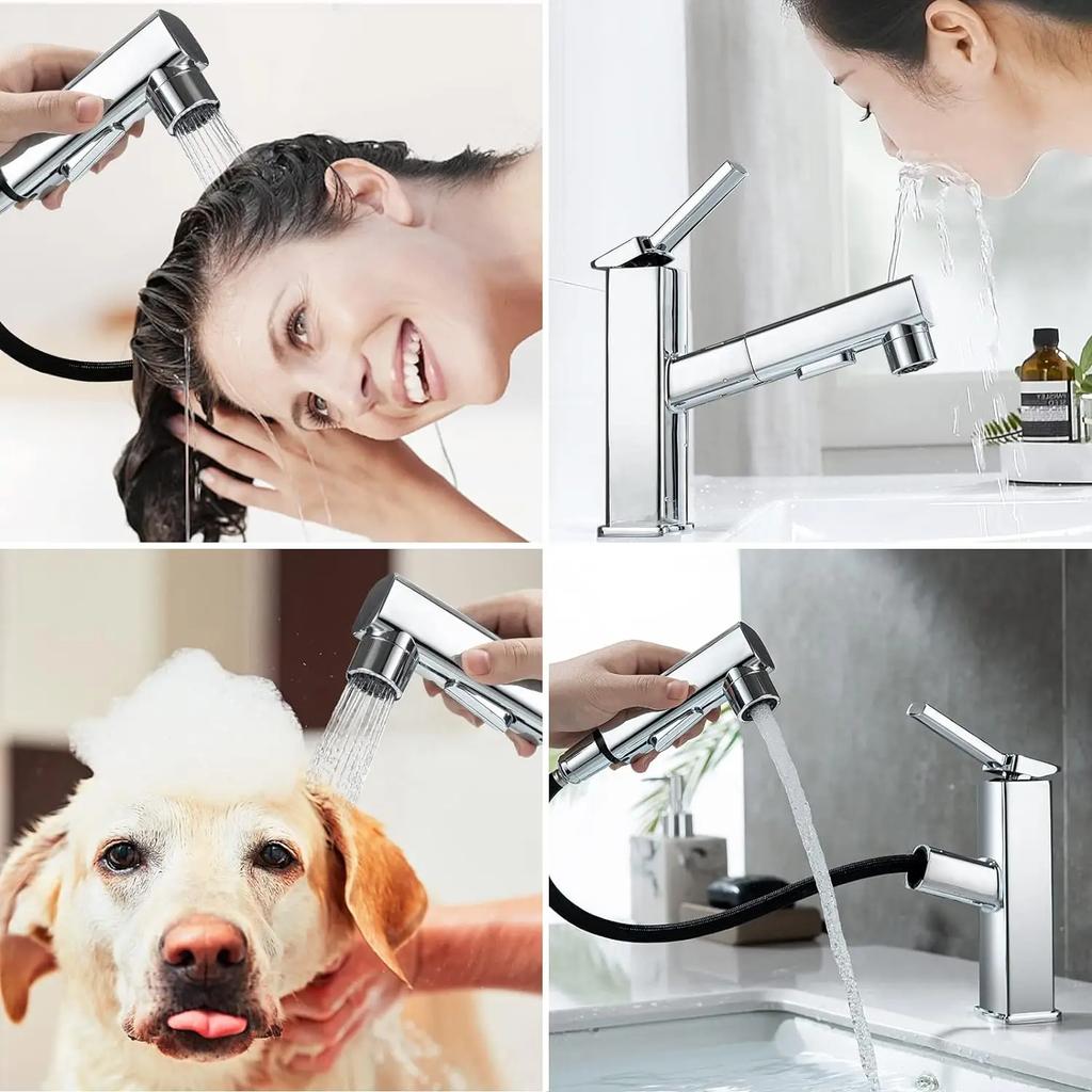 3 Patterns Bathroom Pull Out Taps Faucet with Pull Down Spray Swivel Spout Faucet Bathroom Sink Single Hole Pull Out Faucet