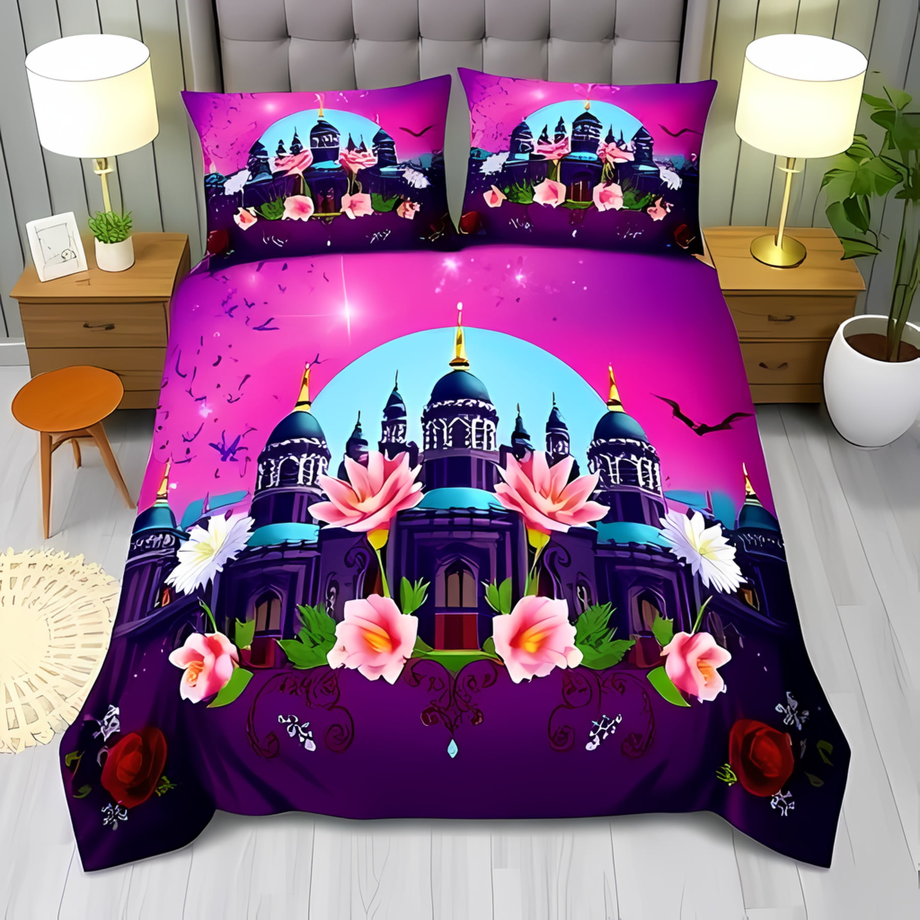 

Comforter Pink Castle Sky Design Whimsical Bedding For Or Bedroom Suitable Children Kids And Adults Warm Soft Breathable Comforter (quilt)-EU Single(135*200cm)3pcs