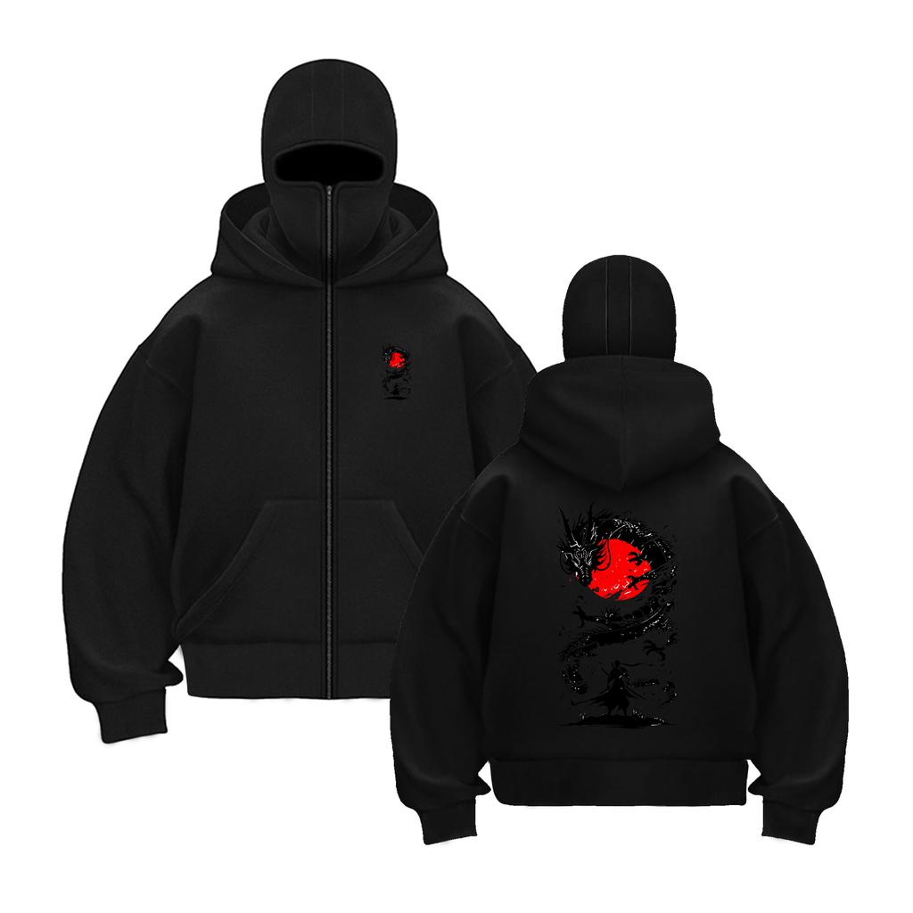 White Dragon With Red Sun And Swordsman Prints Streetwear Man'S  Zipper Hoodies Autumn Sport Hoodie Casual Loose Top