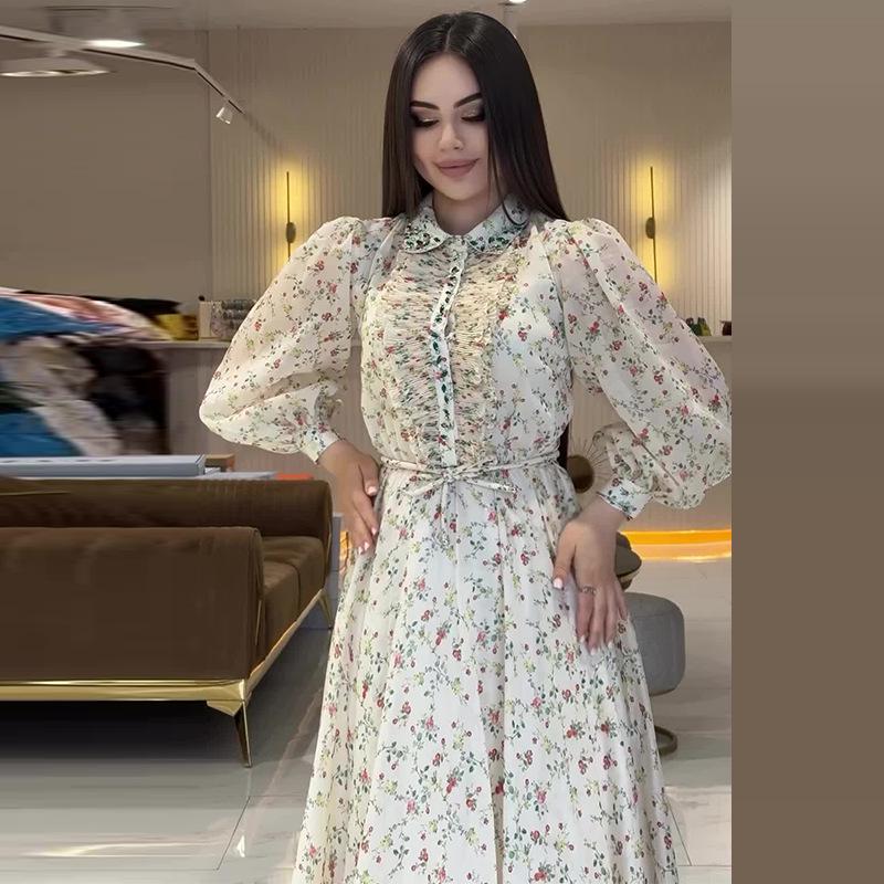 2024 Autumn Women's Fashion Floral Lapel Puff Sleeve Dress