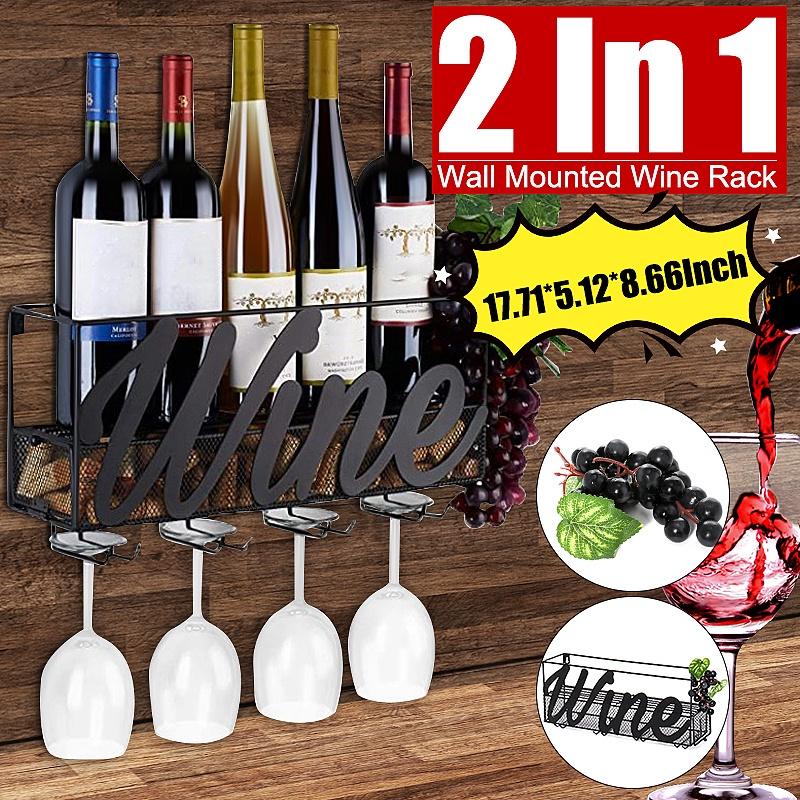 Black Wall Mounted Wine Rack Bottle Store Champagne Shelf With 4 Built-in Wine Glass Holders And Extra Cork Tray 45x13x22cm