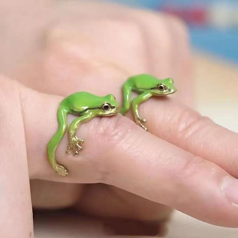 Personality European and American Unique Cute Green Funny Frog Niche Design Exaggerated Male and Female Students Ring Opening