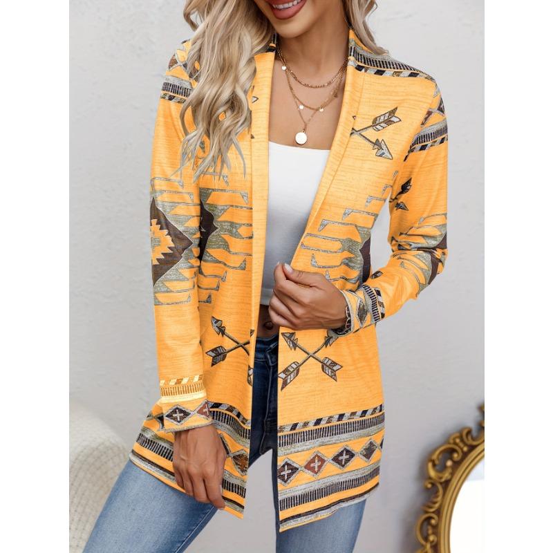 Western Ethnic Print Open Front Cardigan, Casual Long Sleeve Loose Cardigan, Women'S Clothing